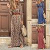 Boho Women V Neck Long Sleeve Paisley Print Belt High Split Party Maxi Dress
