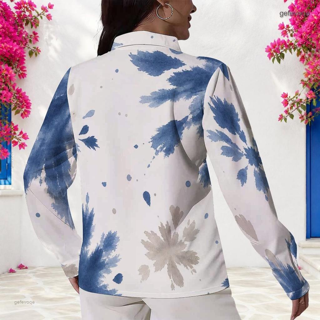 Women Plus Size Long Sleeve Collared Button Front Abstract Geometric Leaf Print Earth Tone Shirt