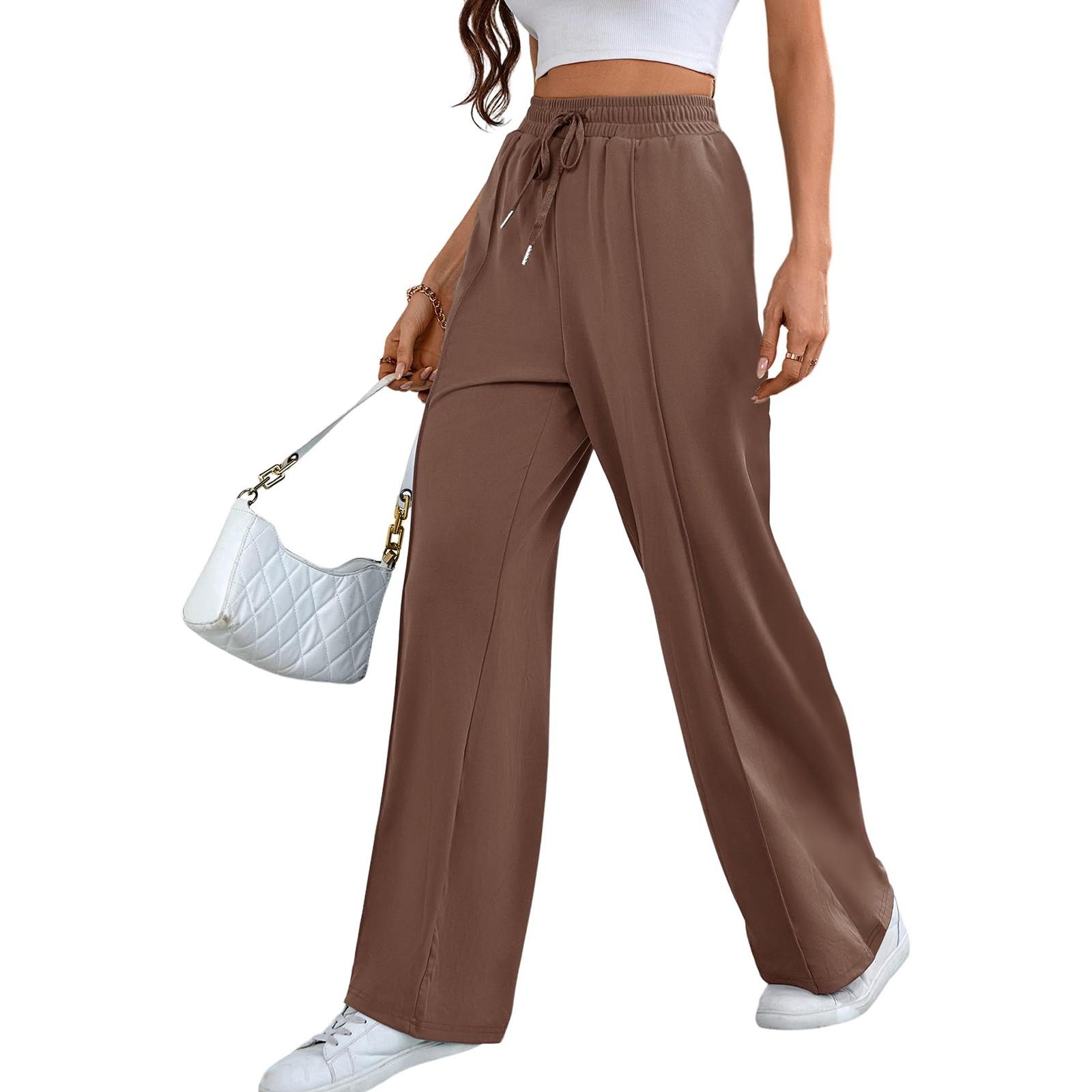 

Women s High Waist Adjustable Tie Flowy Trousers Wide Leg Pants L светло-коричневого