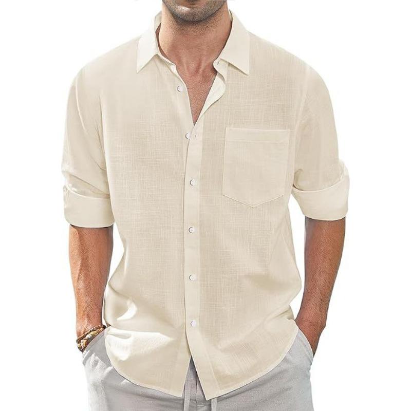 Camicia Casual da Uomo a Maniche Lunghe, Monocolore, Bottoni, Puro Cotone