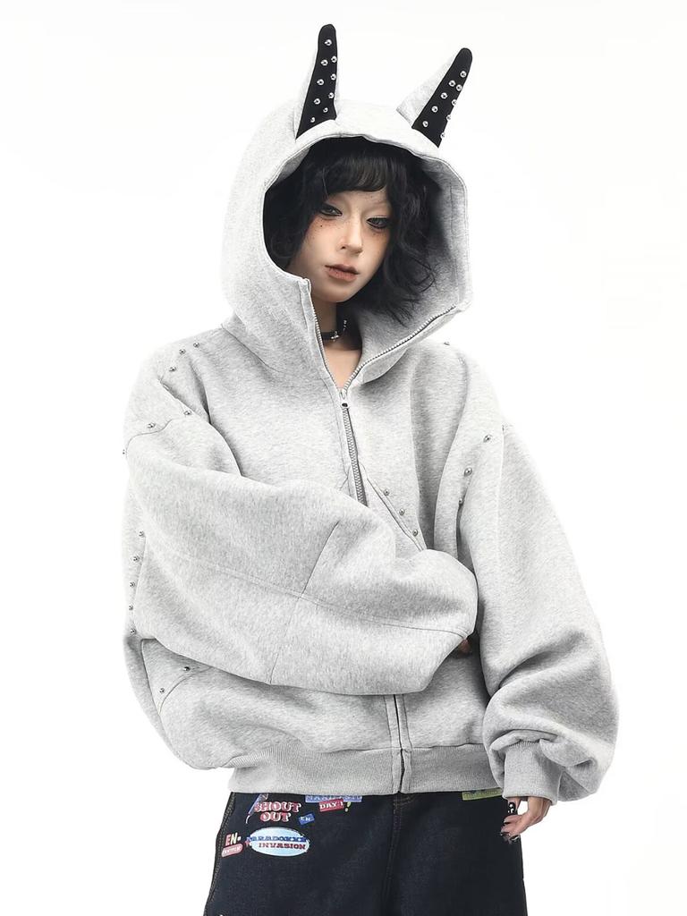 Damen Baggy Kapuzenpullover Niet-Spleißmantel Reißverschluss Strickjacke Jacke Harajuku Kleidung Herbst Winter