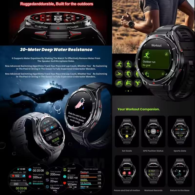 2025 New Dual-Band Satellite GPS Smart Watch Men 1.43'' AMOLED Screen Compass Heart Rate BT Call IP69 Waterproof Swimming Watch