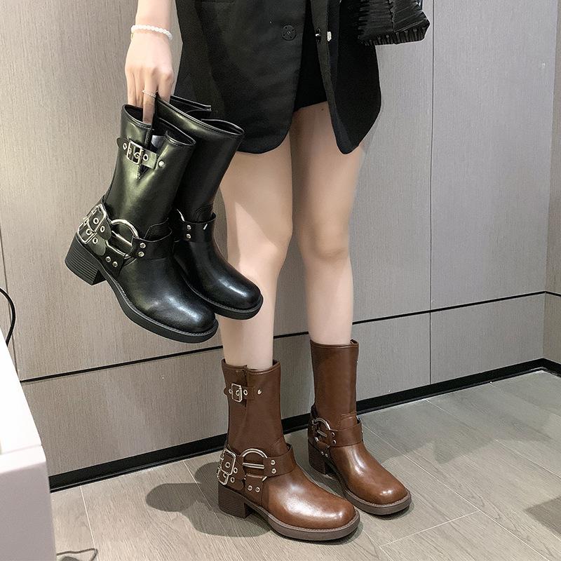 Knight Boots Women's 2025 Autumn and Winter New Square Head Brown Medium Tube Martin Spice Girl Retro Thick Heel Western Cowboy Boots