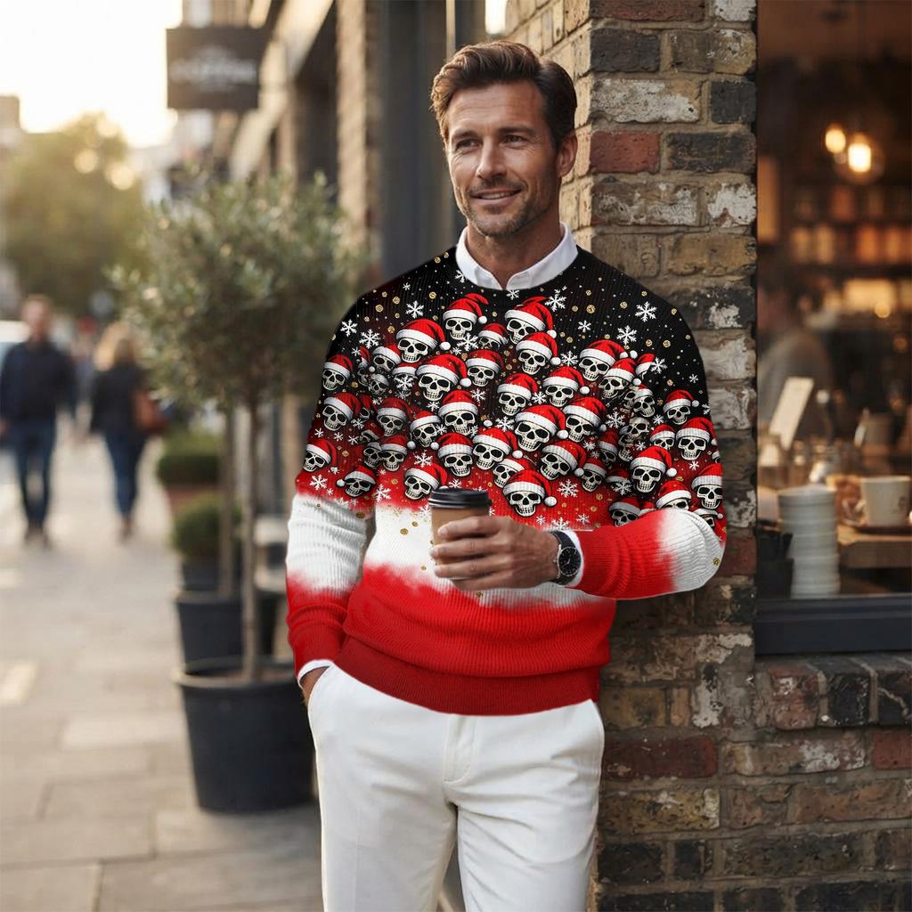 Men's Long Sleeve Crewneck Ribbed Knit Pullover Sweater with Christmas Holiday Print Casual Winter Top