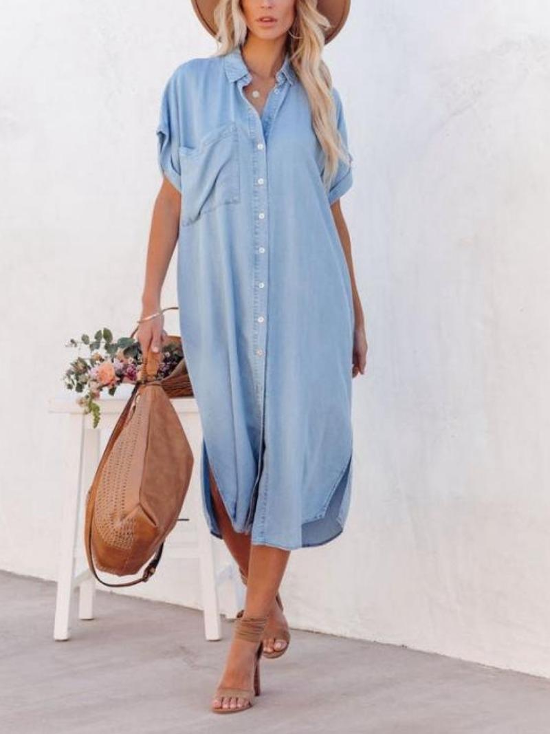 

Women s Casual Loose Solid Color Short Sleeved Long Slit Shirt Dress with Shoulder Sleeves and Button Up Dress S синий