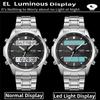 Skmei Mens Quartz Analog Bracelet Watches Luxury Stainless Steel Strap Led Waterproof Digital Sports Three Time Zone Alarm Clock