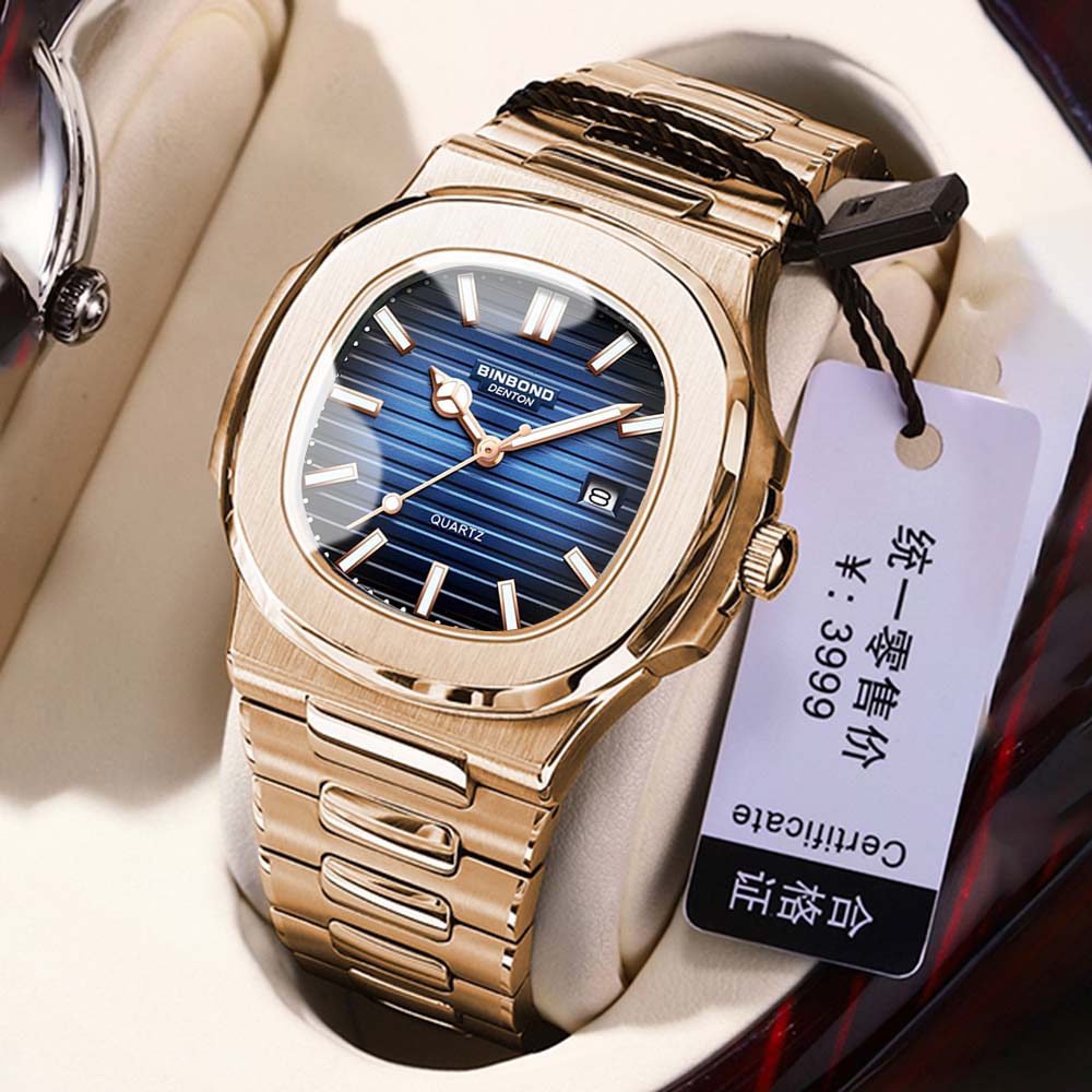BINBOND Men's Watches Classic Fashion Fine Steel Strap Original Quartz Wristwatch for Man Striped Dial Waterproof Luminous Date