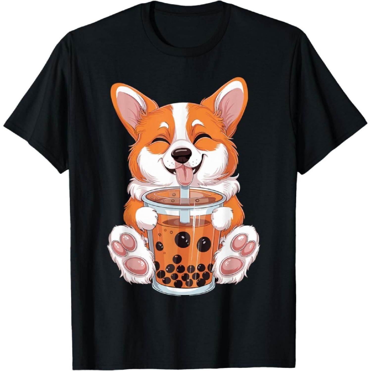 Corgi Dog Bubble Boba Tea Anime Cute Kawaii Corgi Dog T-Shirt S