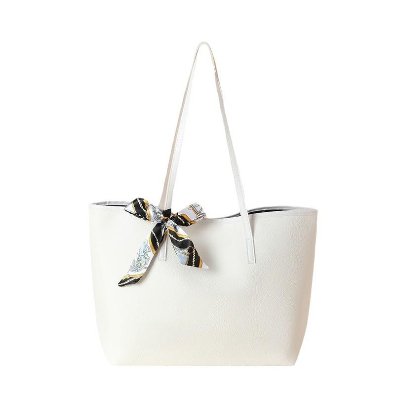 Stylish 2024 Solid Color Women's Tote Bag with Silk Scarf Decoration In Chic Litchi Grain Sheepskin Texture