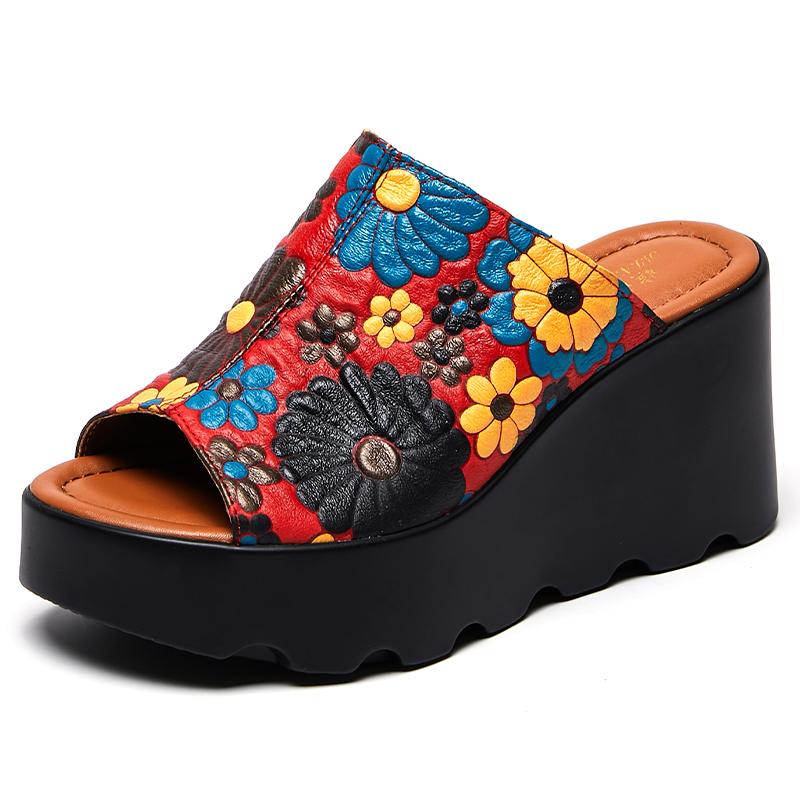 Mode GKTINOO Echtes Leder Blumen Damen Mode Hausschuhe Sandalen 2025 Neu Sommer Dicke Sohle Hoher Absatz Silppers Outdoor Sandalen