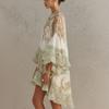 Women's Round Neck Long Bell Sleeve Loose Fit Asymmetrical Hem Printed Mini Dress Bohemian Casual Dress