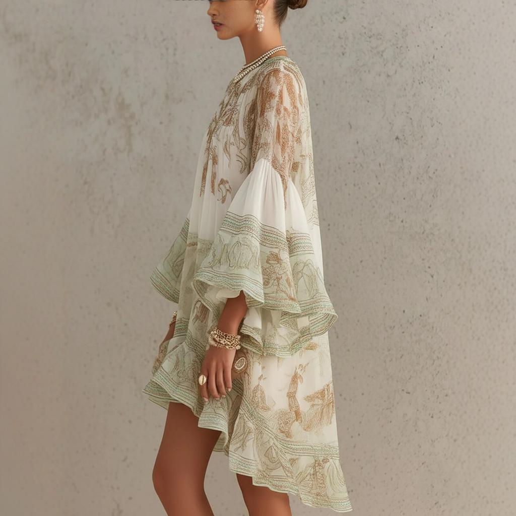 Women's Round Neck Long Bell Sleeve Loose Fit Asymmetrical Hem Printed Mini Dress Bohemian Casual Dress