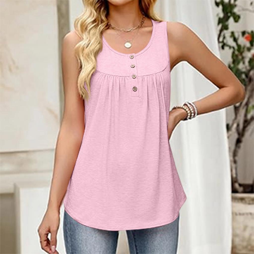 Women's Fashionable Plain Color, Round Neck, Button-Decorated Sleeveless Vest Top, Suitable For Both Inner And Outer Wear.