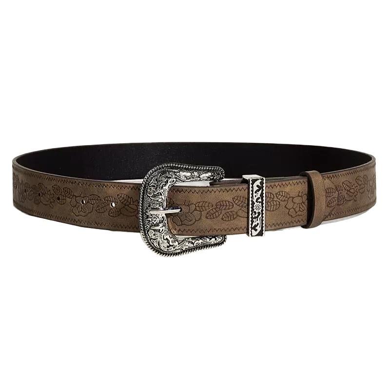 Retro European-American Style Brown Textured Pin Buckle Leather Belt for Women