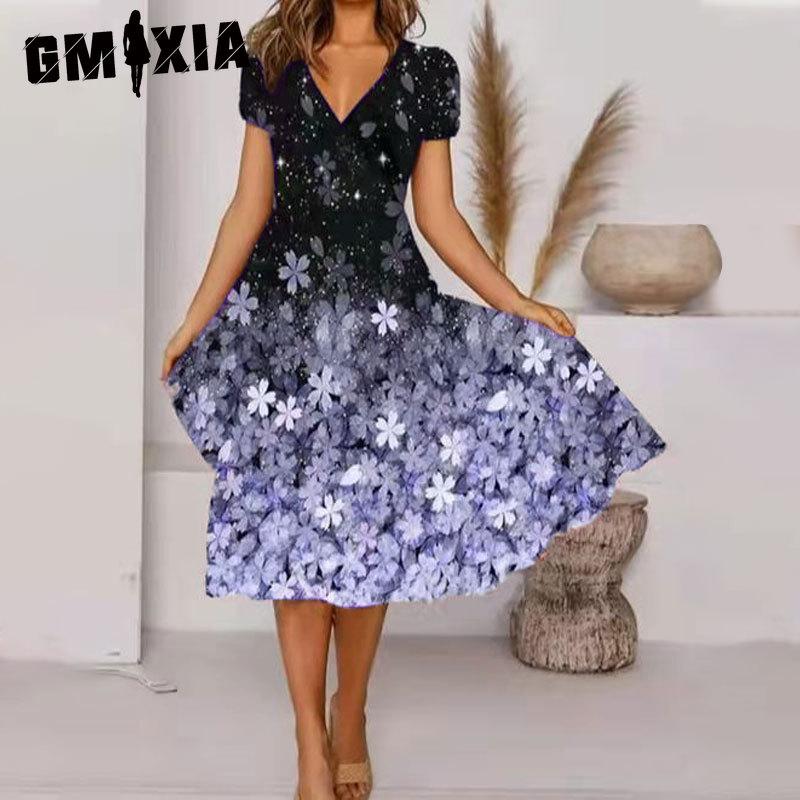 GMXIA Plus Size V Neck Midi Dress Short Sleeve High Hem Casual Colorful Floral Print Dress