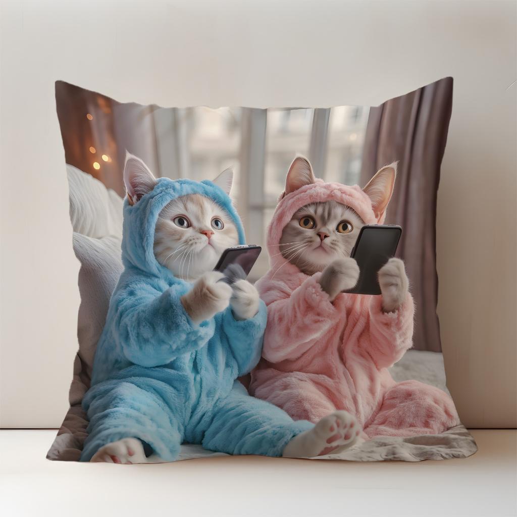 Cute Cat Printed Pillow Cover Two Cat Playing with Mobile Phone Pattern Warm Home Sofa Car Cushion Cover Decor Gifts1PC