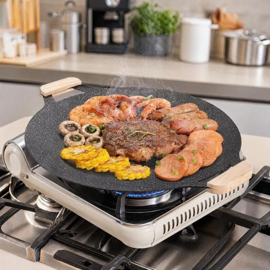 Griglia Elettrica Senza Fumo, Piastra Elettrica Antiaderente, Arrosticino per Carne BBQ Coreano con Manico, Teglia Rotonda da Forno per Bistecche Pancake