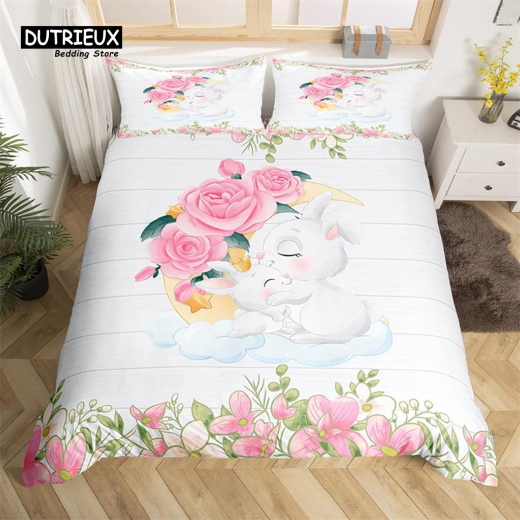 Niedliches Milchkuh Bettwäsche-Set King Cartoon Tier Bettbezug Botanisch Floral Steppdeckenbezug Mikrofaser Bauernhaus Tagesdecke Bezug