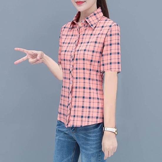 Women Shirt Flower Plaid Pattern Regular Style Shirt Buttons Placket Casual