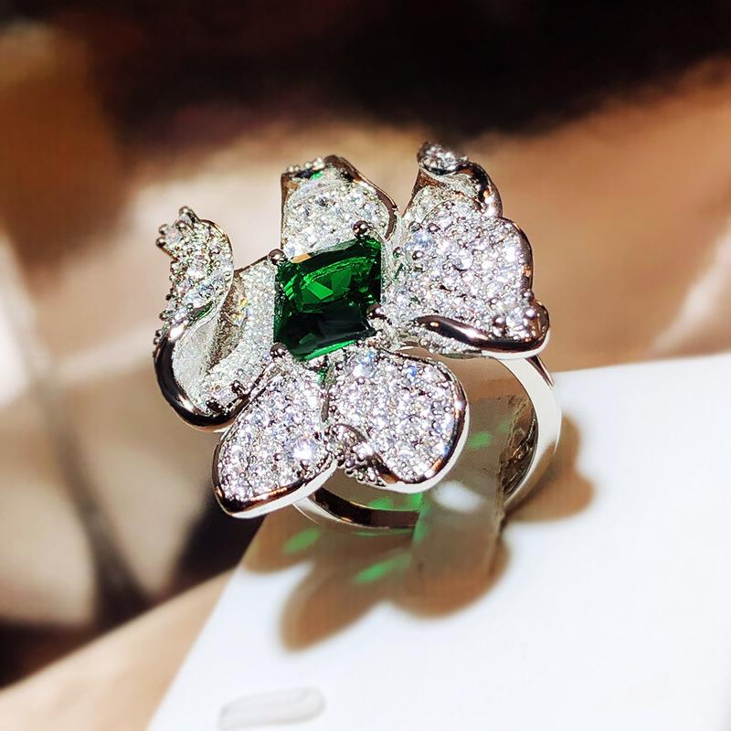New Fashion Silver Big Flowers Green Zircon Sterling Silver Ring for Female Party Birthday Wedding Gift