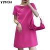 VONDA Ladies Summer Round Neck Short Sleeve Slit Pearl Button Straight Solid Colour Short Dresses