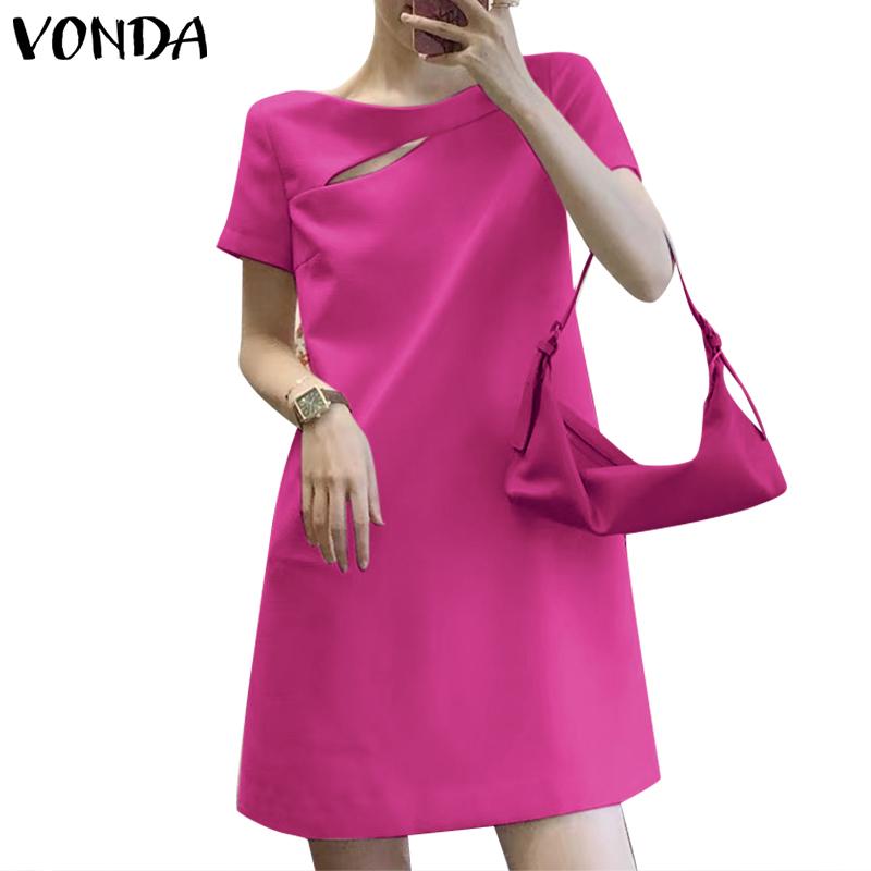VONDA Ladies Summer Round Neck Short Sleeve Slit Pearl Button Straight Solid Colour Short Dresses