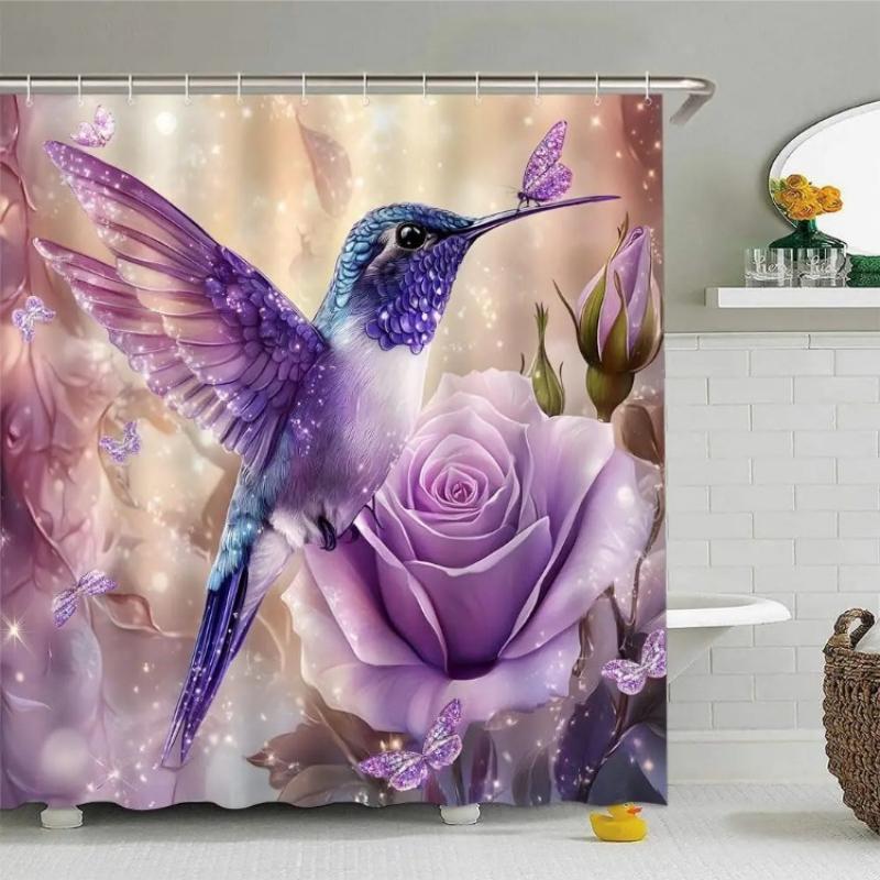 Hummingbird Floral Fantasy Shower Curtain Purple Spring Floral Bird Butterfly Rose Flowers Charming Elegant Women Girl Bathroom 90x180CM