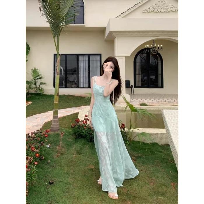 

French Strappy Summer Dress – Women s Waist-Cinching, Sweet and Fresh Beach Vacation Wear XL (55-60 kg) зелений