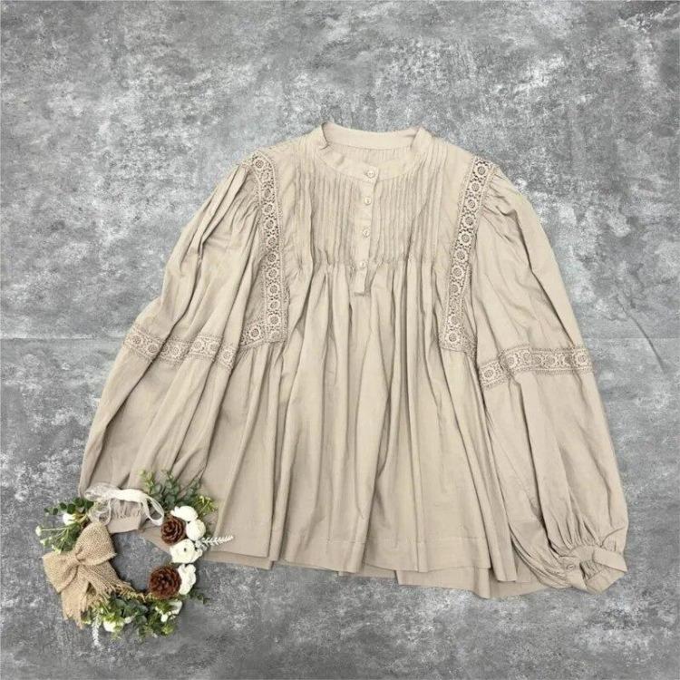 Vintage Mori Autumn Loose Blouse Women Casual Tops Fall Lace Panel Balloon Sleeve Long Sleeve Shirt