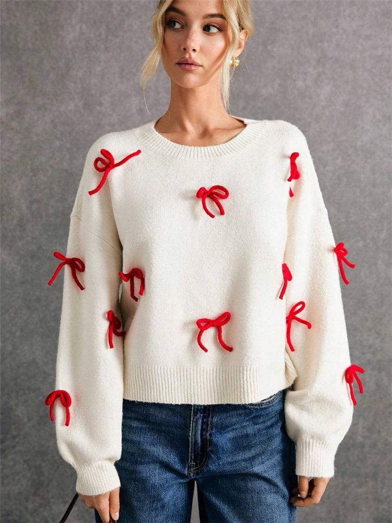 Red Bow Knot Loose Fit Crewneck Pullover Sweater Autumn Top