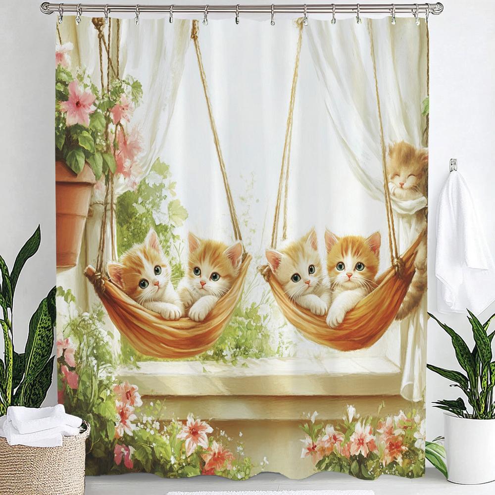 

Lovely Cat Shower Curtain, Bathroom Cats In The Garden Flower Shower Curtain, Modern Decorative Fabric Shower Curtain With Hooks W60H190(CM)-1 Pcs