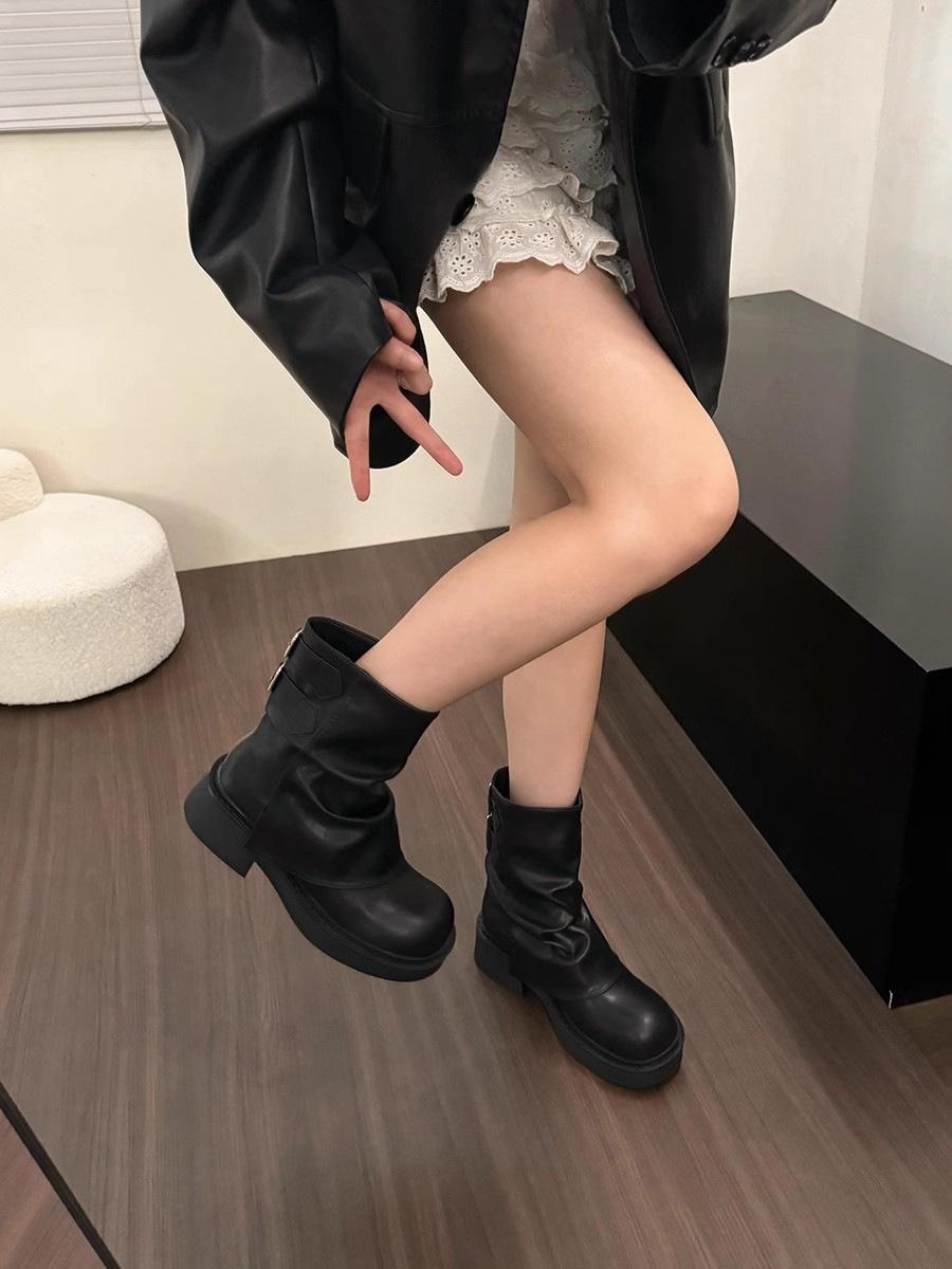 

British street babes trend pleated sleeve stacked pants tube boots 2025 new drag cool muffin platform fashion boots 39 чёрный