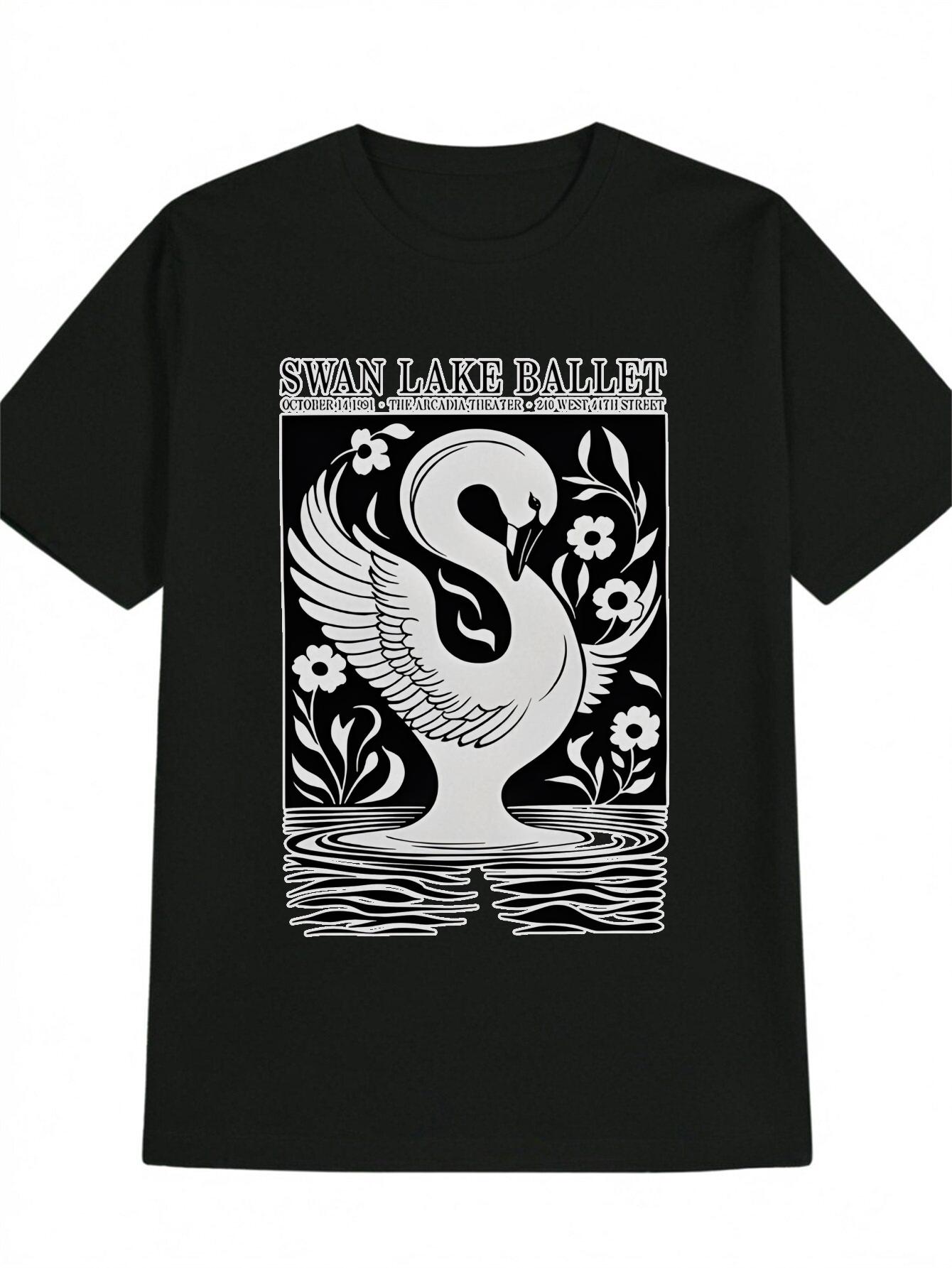Casual Swan Lake Ballet Graphic T-shirt - Black with White Swan & Floral Print XXL