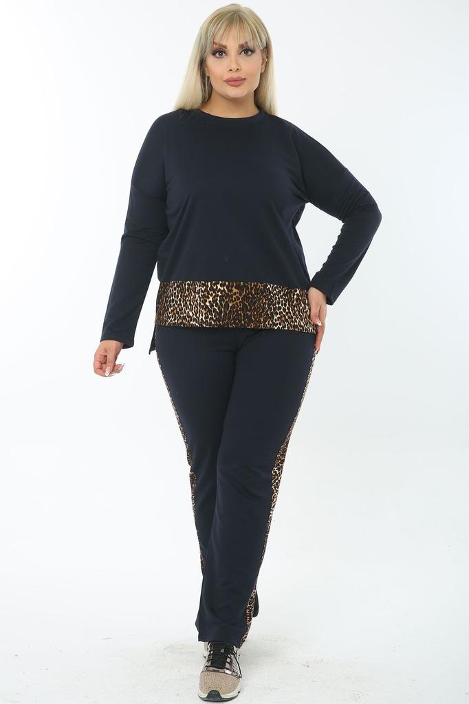 Damenmode Übergröße Trainingsanzug Set Große Größe Baumwolle Schwarz Hose Trainingsanzug Set mit Leopardenbesatz an der Seite und Taille