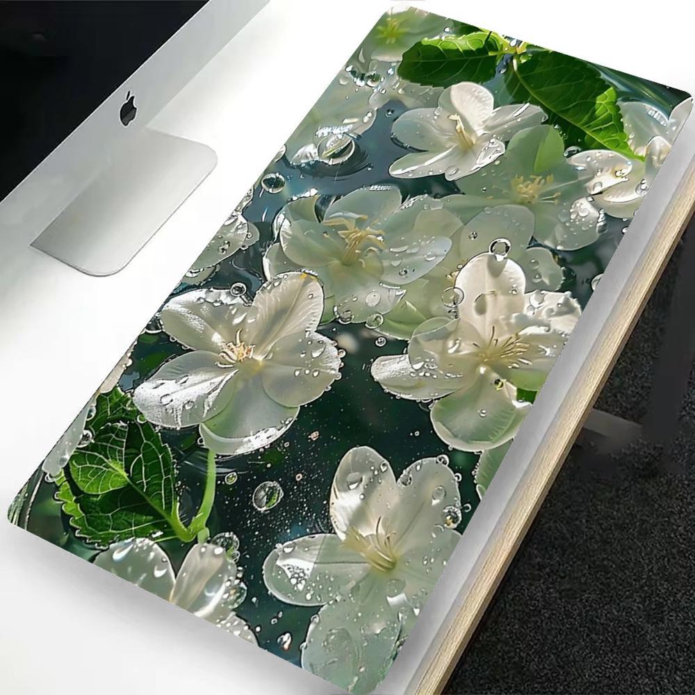 Water and Flower Mouse Pad XXL Desk Mat In Blue Pink Green White Stylish Design for Computers Offices and Gaming Keyboards