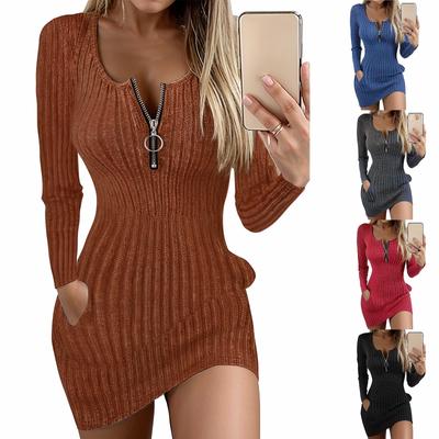 Ladies' Loose And Comfortable Round Neck Fashionable Chest Zipper Pocket Long Sleeved Dress