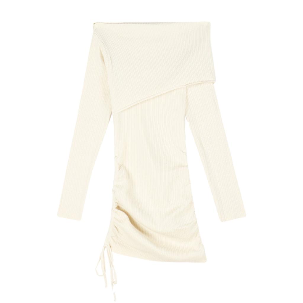 Solid color pure desire one-word collar off-the-shoulder long-sleeved dress for women's autumn new slim-fit drawstring Spice girl hip-wrapped short sk