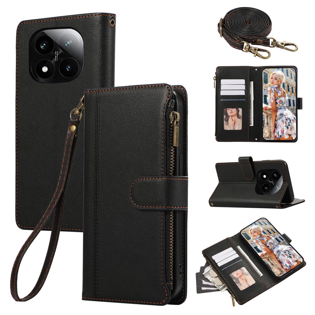 Phone Case For Xiaomi Redmi Note 14 Pro 5G/Note 14 Pro+ 5G/Poco X7 5G , Multi Card Slots Zipper Leather Cover with Shoulder Strap/Wrist Strap