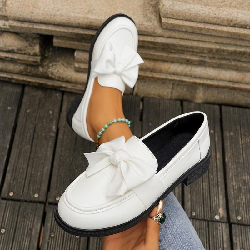 Women's Retro Thick Sole Chunky Heel British Style Bow Loafers.