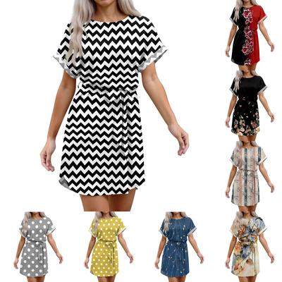 Vestidos Curtos de Verão Femininos Gola O Casual Manga Curta Morcego com Cinto Para Mulheres