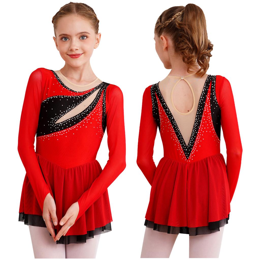 Kids Girls Color Block Dance Dress Glittery Rhinestone Sheer Mesh Long Sleeve Keyhole Back Figure Skating Dresses