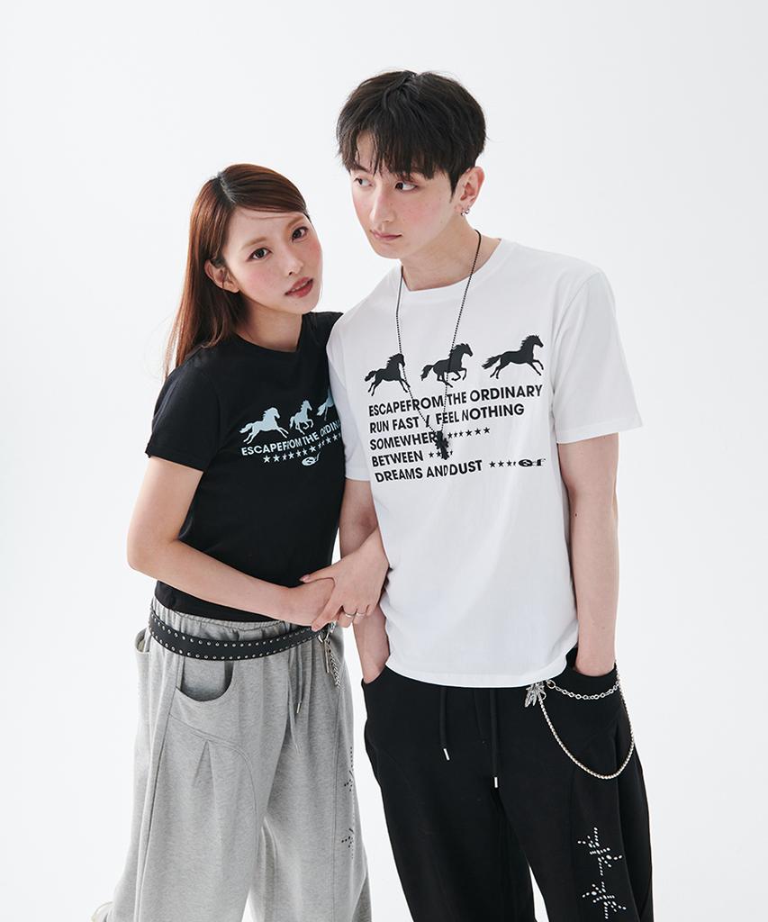 ESCAPEFROM [Escf X Hot Today] Stardust Horses Print Oversized Short Sleeve T-Shirt White