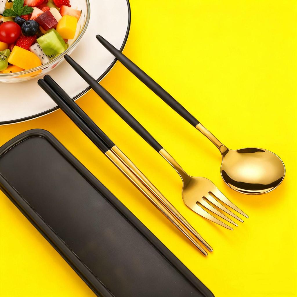 410 Stainless Steel Travel Cutlery Set: Fork, Spoon & Chopsticks In Gift Box. Perfect for Students!