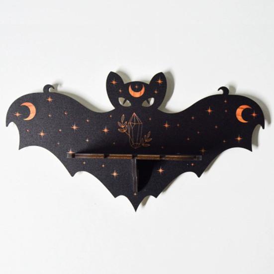 Halloween Bat Wall Floating Shelf Faux Crystal Display Shelf Wooden Candle Holder Wall Shelf Decoration Living Room Bedroom Bathroom Storage Rack