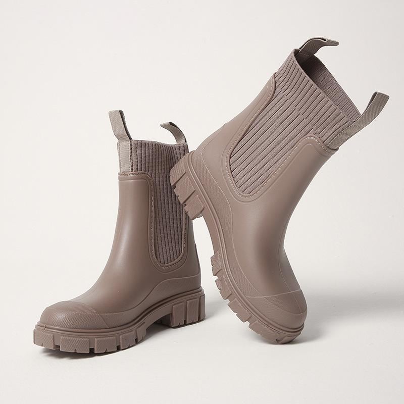 Mittelhohe Regenstiefel mit elastischem Schaft für Damen, Chelsea-Stil, wasserdicht, rutschfest und abriebfest, für den Außenbereich, modische Camping-Regenstiefel
