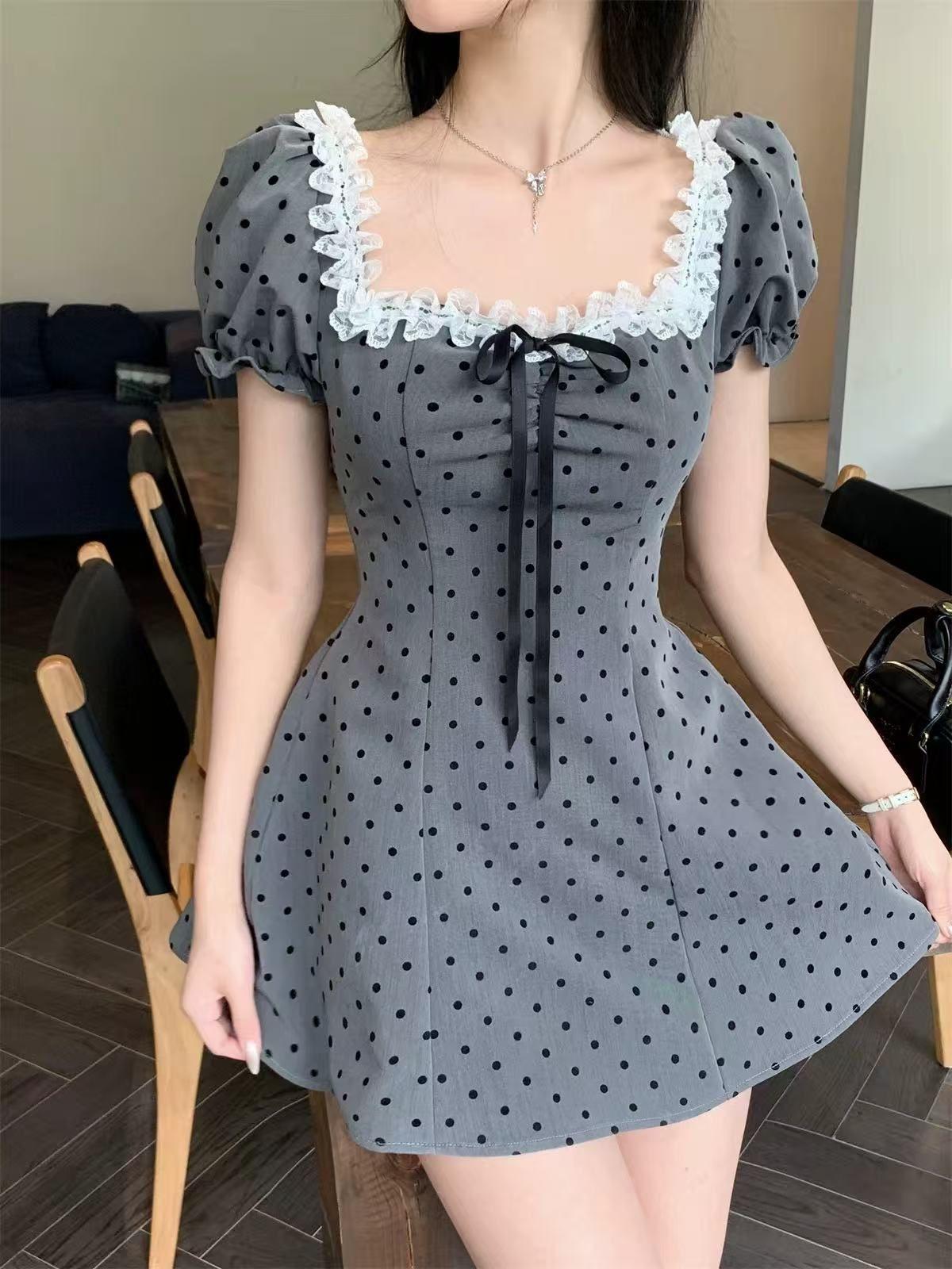 

Pure desire miu gray polka dot waist square neck lace-up dress women s summer Korean version of thin temperament A-word short skirt XL сірий колір