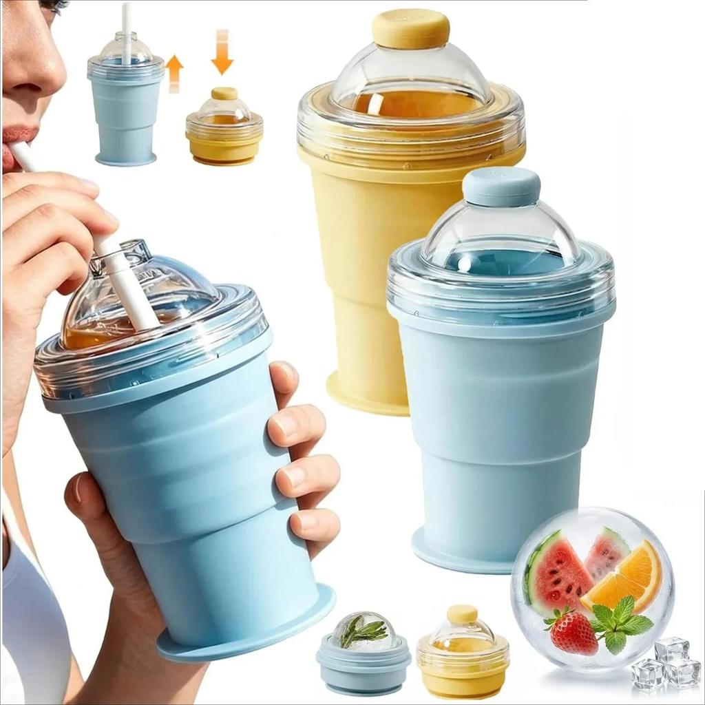 Silicone Folding Straw Cup with Ice Cube Mold Summer Collapsible Travel Cup Bottle Built-in Ice Ball Mold 2in1 Portable Amagi