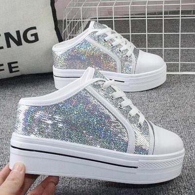 Moda 2024 Primavera Nuevas Chanclas Estilo Coreano Plataforma para Mujer Tarta de Esponja con Lentejuelas Casual Aumento Interior Punta Cerrada Medias Chanclas Encaje