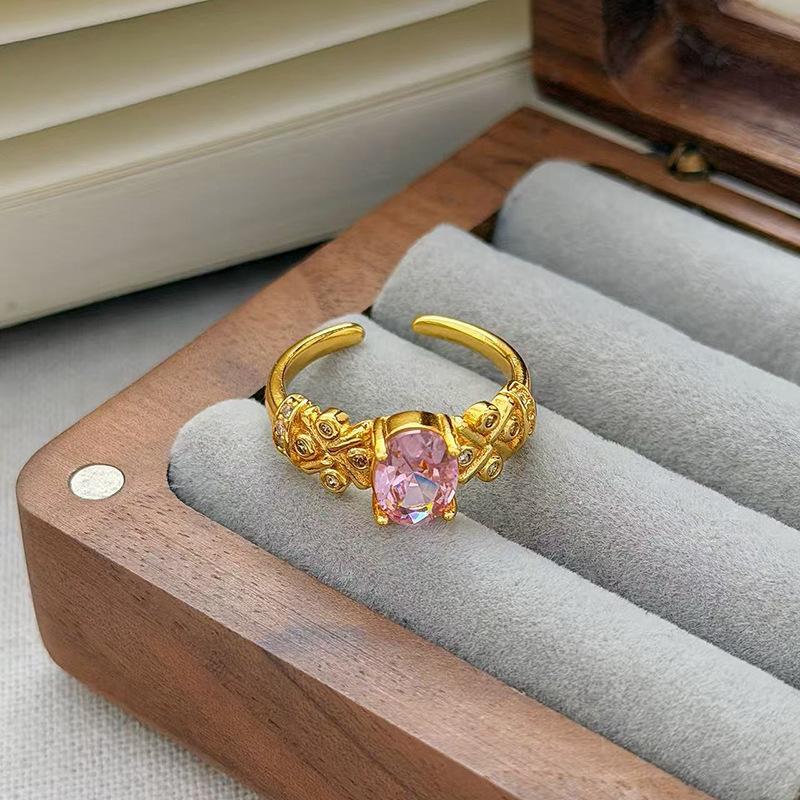 Medieval Vintage Pink Zircon Colored Treasure Open Ring Niche Light Luxury High Sense Stacked With Diamond Rings Woman