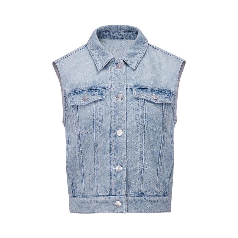 Women's Stylish Rhinestone Turn-Down Collar 100% Cotton Denim Vest